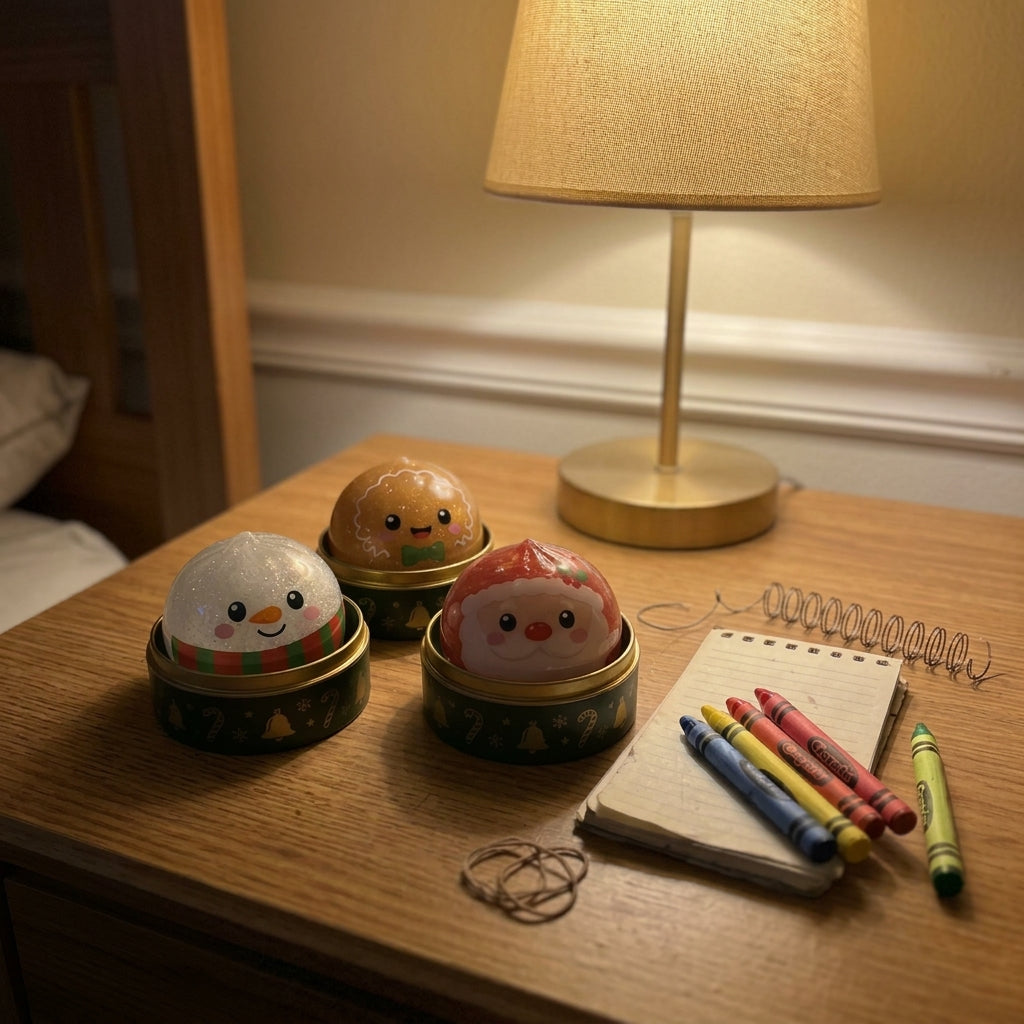 Snowman, Gingerbread and Santa squishies in their tins on a nightstand by a lamp