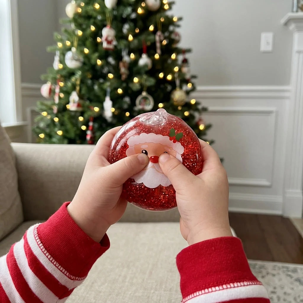 A child's hands squeezing the Santa squishy in front of a Christmas tree