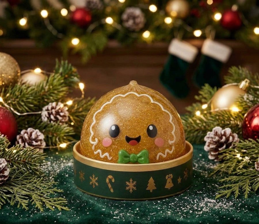 Gingerbread glitter-jelly squishy in its steamer tin