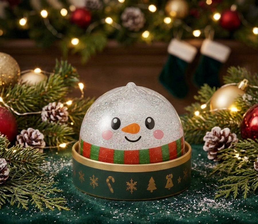 Snowman glitter-jelly squishy in its steamer tin