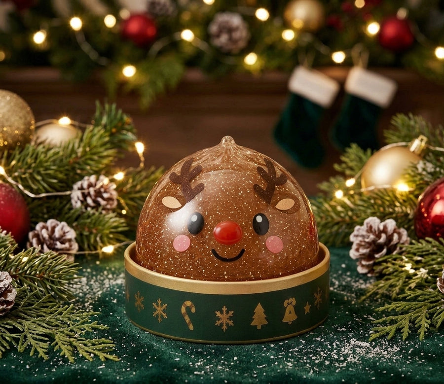 Reindeer glitter-jelly squishy in its steamer tin